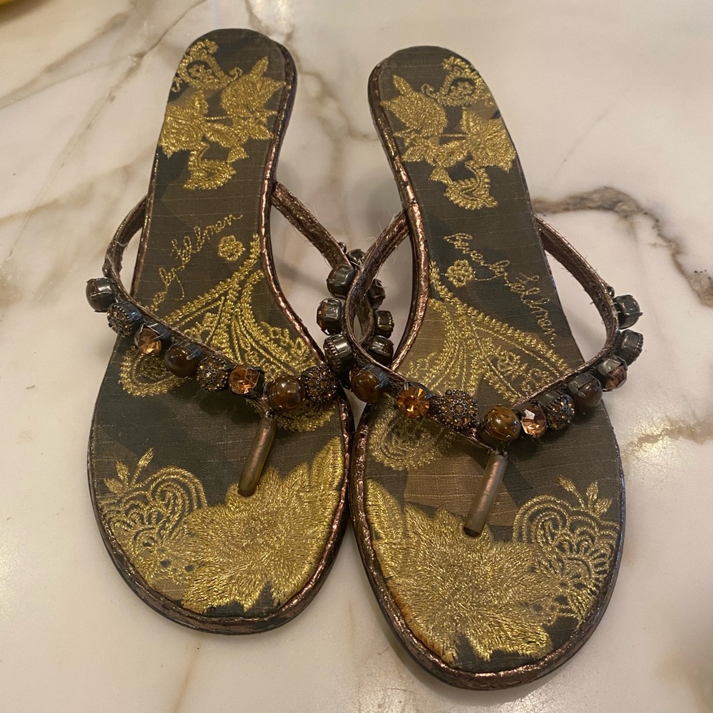 Beverly Feldman Beaded / Jeweled Kitten Heel Thong Sandal